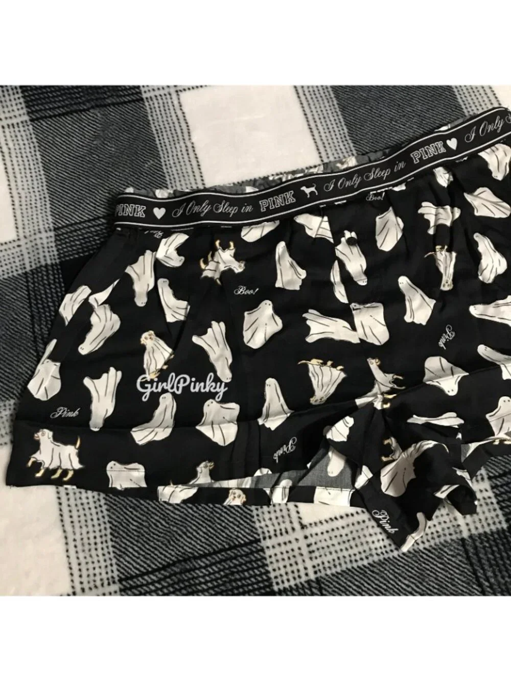 VS PINK SILKY SLEEP BOXY PAJAMA SHORTS BLACK WITH GHOST DOGS SIZE XS-XL